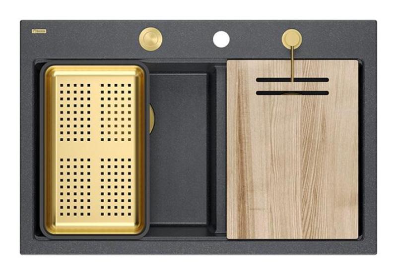 Pia Dupla Quadri Hard Rock em Granito Antracita de Montagem Superior 76x50 cm com Plugue Dourado e Acessórios 1208971393