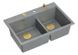 Pia Dupla Quadri Hard Rock em Granito Cinza 76x50 cm com Plugue Dourado e Acessórios 1208971394