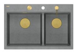 Pia Dupla Quadri Hard Rock em Granito Cinza 76x50 cm com Plugue Dourado e Acessórios 1208971394
