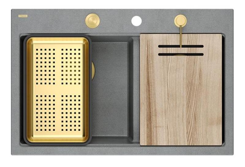 Pia Dupla Quadri Hard Rock em Granito Cinza 76x50 cm com Plugue Dourado e Acessórios 1208971394