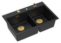 Quadri Hard Rock Dupla Pia de Granito Preto 76x50 cm com plugue dourado e acessórios 1208971395