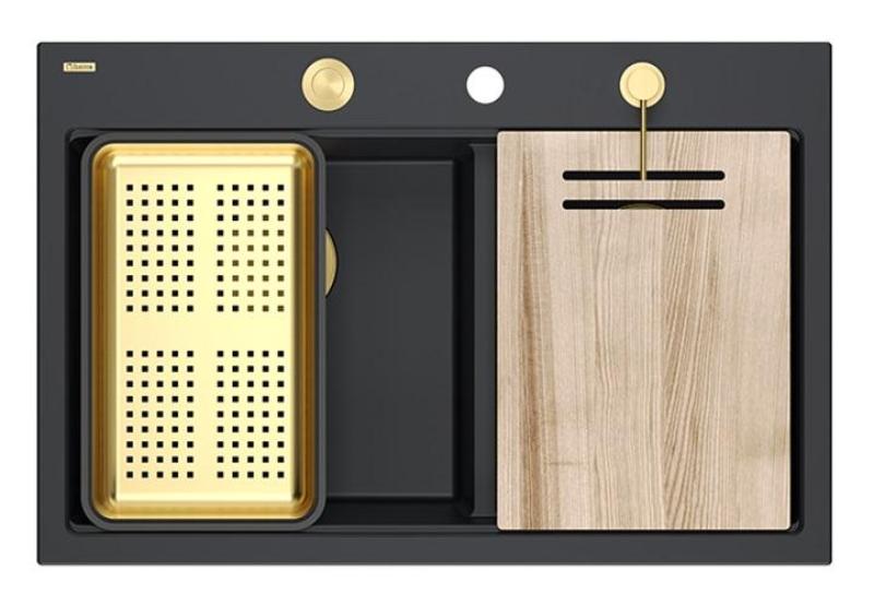 Quadri Hard Rock Dupla Pia de Granito Preto 76x50 cm com plugue dourado e acessórios 1208971395