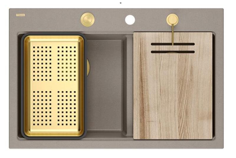 Quadri Hard Rock Dupla Pia de Granito Taupe 76x50 cm com Plugue Dourado e Acessórios 1208971396