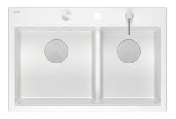 Quadri Hard Rock Dupla Pia de Granito Branco 76x50 cm com plugue de aço inoxidável e acessórios 1208971398