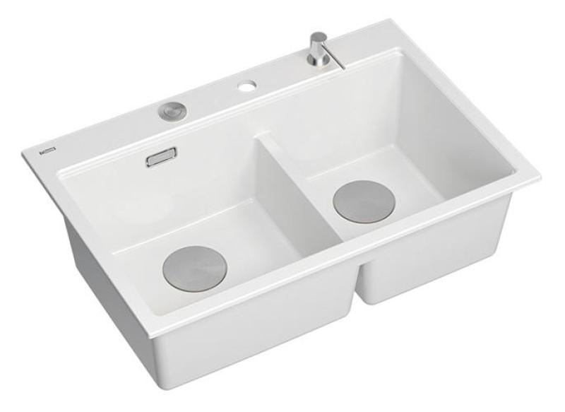 Quadri Hard Rock Double White Granite Built-in Sink 76x50 cm with Stainless Steel Plug and Accessories 1208971398