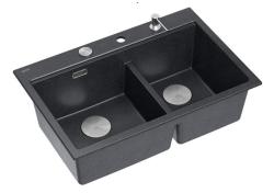 Quadri Hard Rock Pia Dupla Antracite Granito 76x50 cm com plugue de aço inoxidável e acessórios 1208971399