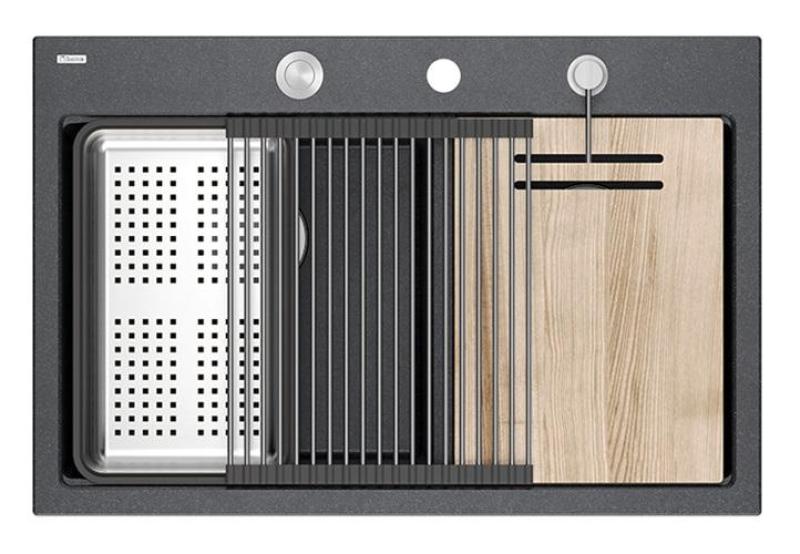 Quadri Hard Rock Pia Dupla Antracite Granito 76x50 cm com plugue de aço inoxidável e acessórios 1208971399