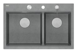 Quadri Hard Rock Dupla Pia de Granito Cinza 76x50 cm com plugue de aço inoxidável e acessórios 1208971400