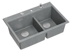 Quadri Hard Rock Dupla Pia de Granito Cinza 76x50 cm com plugue de aço inoxidável e acessórios 1208971400