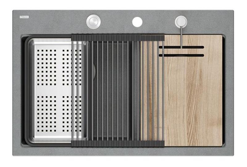 Quadri Hard Rock Dupla Pia de Granito Cinza 76x50 cm com plugue de aço inoxidável e acessórios 1208971400