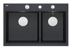 Quadri Hard Rock Dupla Pia de Granito Preto 76x50 cm com plugue de aço inoxidável e acessórios 1208971401