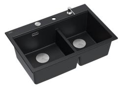 Quadri Hard Rock Dupla Pia de Granito Preto 76x50 cm com plugue de aço inoxidável e acessórios 1208971401