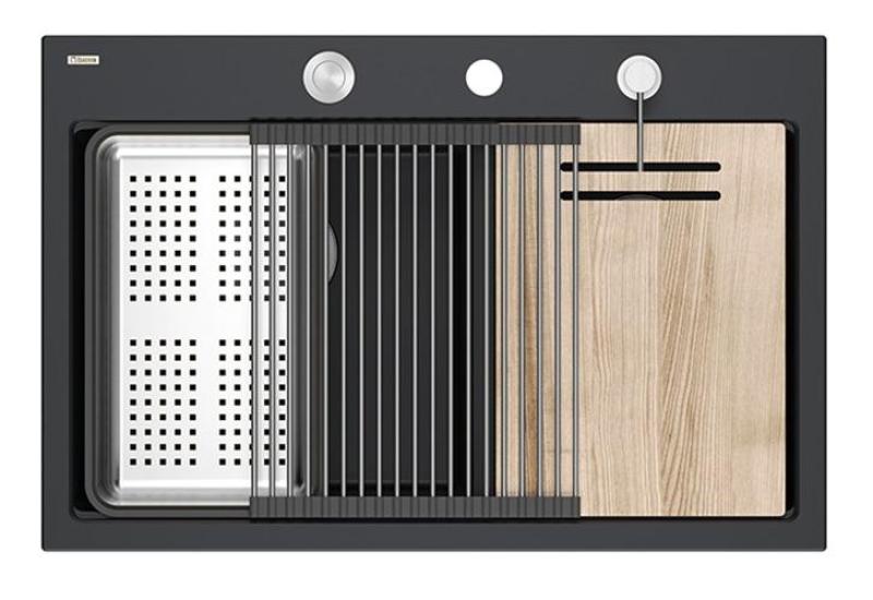 Quadri Hard Rock Dupla Pia de Granito Preto 76x50 cm com plugue de aço inoxidável e acessórios 1208971401