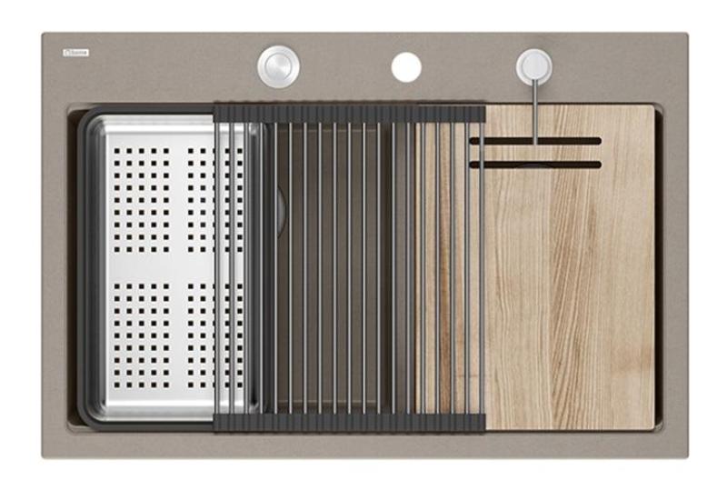 Quadri Hard Rock Duplo Taupe Granito Pia de Embutir 76x50 cm com plugue de aço inoxidável e acessórios 1208971402