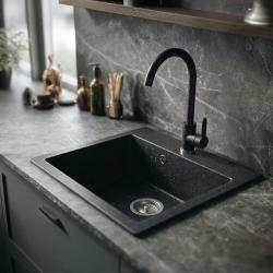 Graniteland Nera Pia de Granito 45x42 cm Look de Ardósia Dura Instalação com Furo para Torneira e Plug de Aço Inoxidável 1208971432