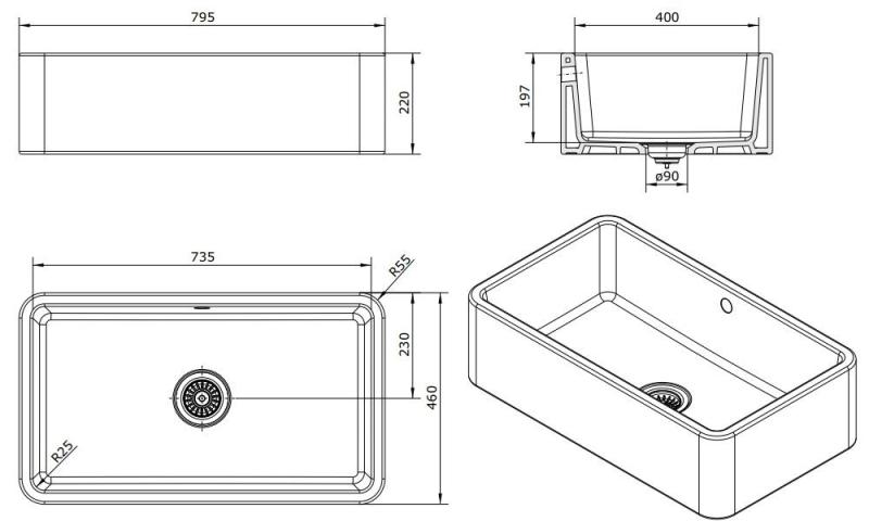 Ausmann Ceramic Mira Pia Cerâmica Branca - Embutida e Intermediária 795 x 460 mm com plugue preto 1208971469