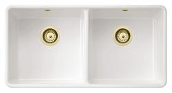 Ausmann Ceramic Mira Pia Cerâmica Branca Dupla - Embutida e Intermediária 890 x 456 mm com Plugues Dourados 1208971471