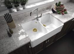 Ausmann Ceramic Mira Pia Cerâmica Branca Dupla - Embutida e Intermediária 793 x 450 mm com banco de furos de torneira e plugue dourado 1208971476