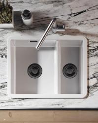 Ausmann Ceramic Ember Pia Cerâmica Branca de Uma e Meia Montagem Superior e Inferior 535 x 400 mm com Plugues de Metal Cinza 1208971508