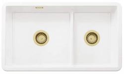 Ausmann Ceramic Ember Pia Cerâmica Branca Uma e Meia Embutida e de Superfície 733 x 401 mm com Plugues Dourados 1208971518
