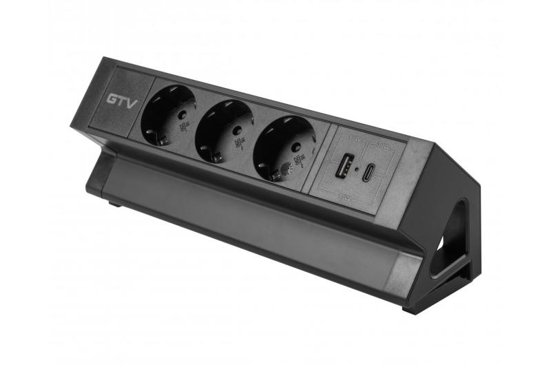 Tomada para móveis BASCO, 3xSHUKO, USB A+C, cabo 1,5 m, preto