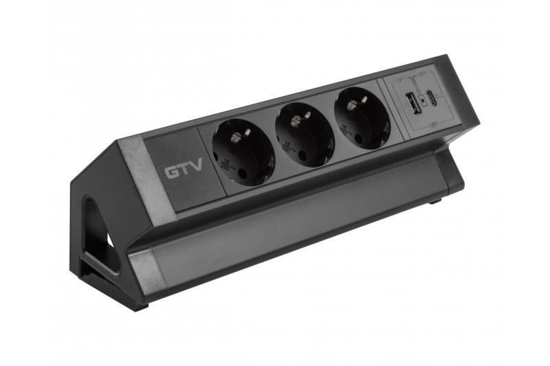 Tomada para móveis BASCO, 3xSHUKO, USB A+C, cabo 1,5 m, preto