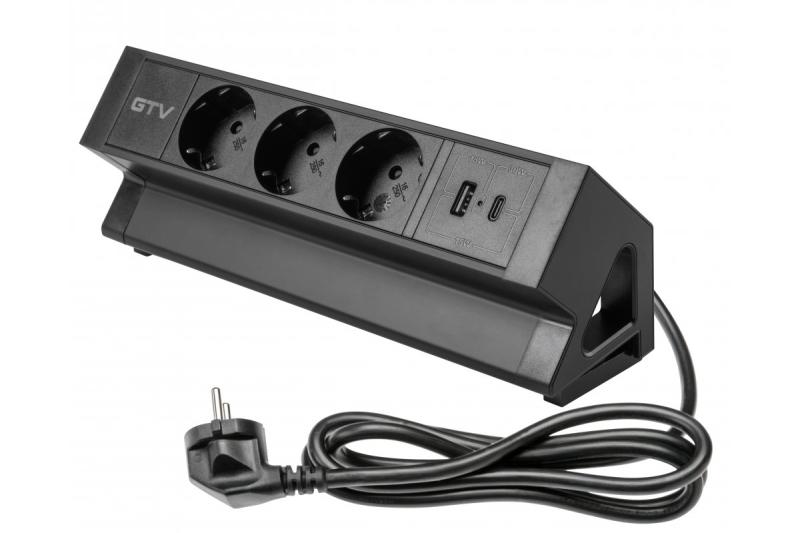 Tomada para móveis BASCO, 3xSHUKO, USB A+C, cabo 1,5 m, preto