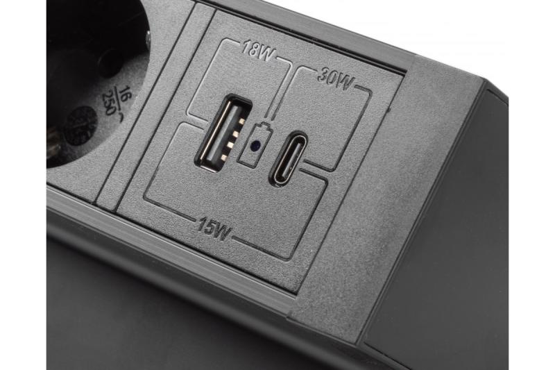 Tomada para móveis BASCO, 3xSHUKO, USB A+C, cabo 1,5 m, preto