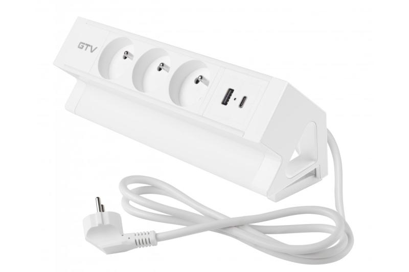 Tomada de móveis Basco, 3 x tomadas com aterramento, USB A+C, cabo de 1,5m, branco com montagem
