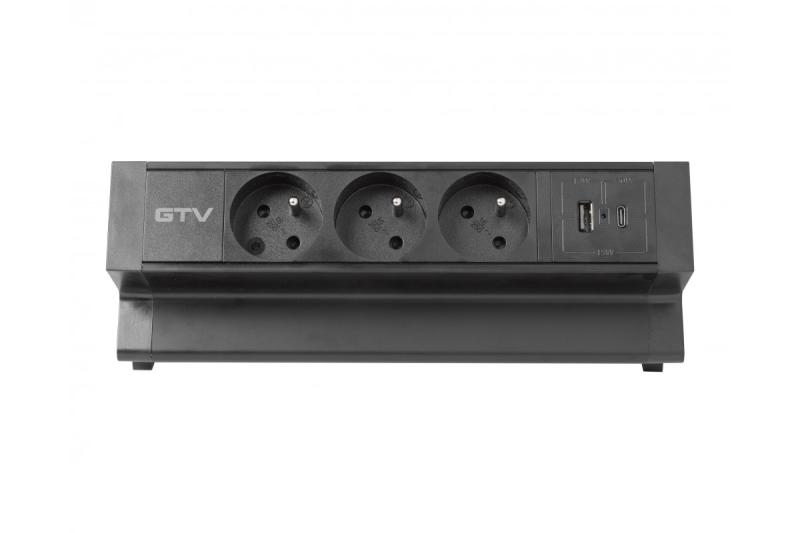 Tomada de móveis Basco, 3 x tomadas com aterramento, USB A+C, cabo de 1,5m, preto com montagem