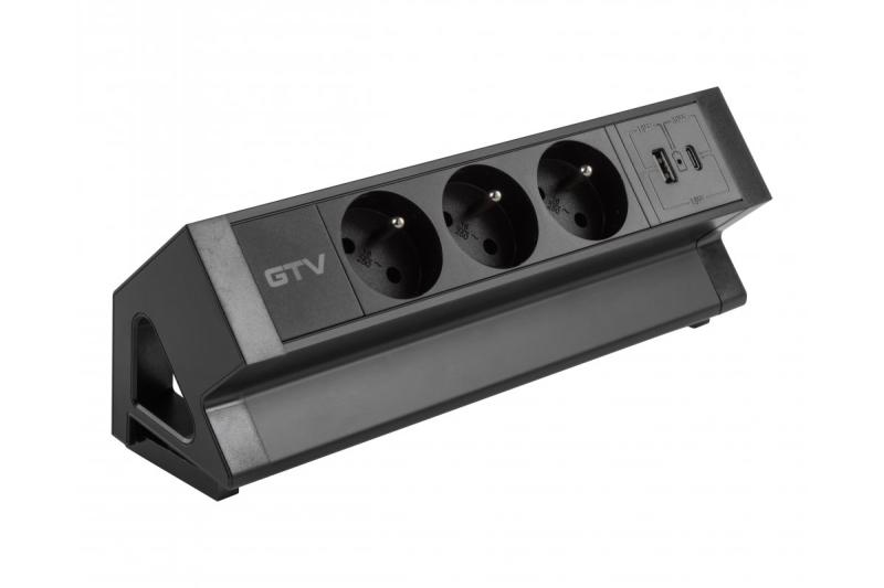 Tomada de móveis Basco, 3 x tomadas com aterramento, USB A+C, cabo de 1,5m, preto com montagem