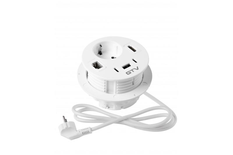 Tomada de Móveis RONDO, 1xSCHUKO, 1xUSB-A, 2xUSB-C, HDMI, cabo RJ45 1,5 m, branco