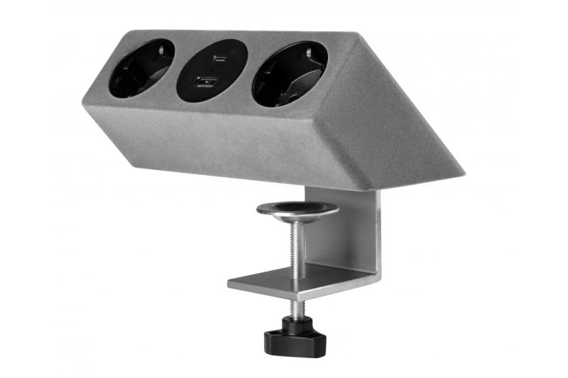 Tomada para móveis SOFITO, 2xSHUKO, USB A+C, cabo 1,5 m, cinza flock.