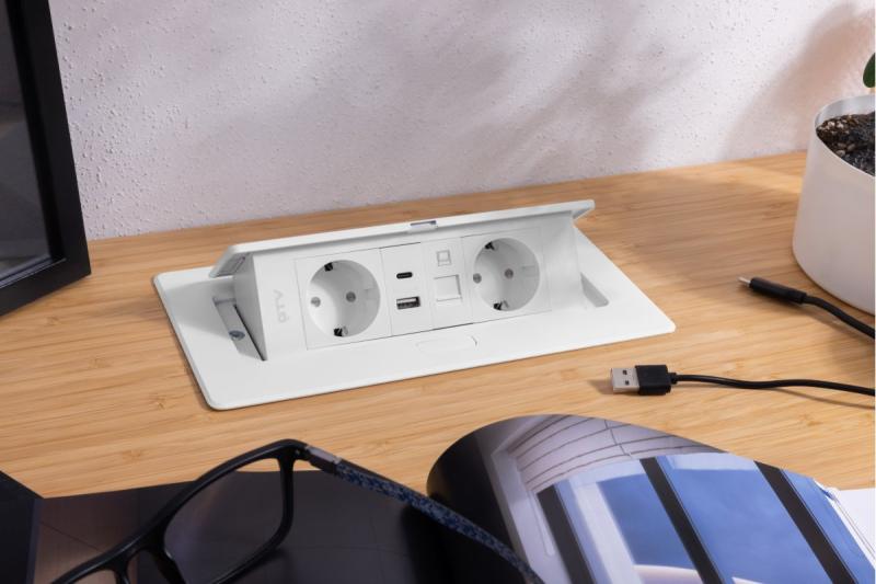 Tomada de móveis MULTISOFT, 2xSCHUKO, USB A+C, RJ45, cabo 1,5 m, branco