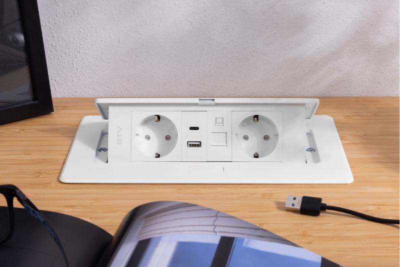 Tomada de móveis MULTISOFT, 2xSCHUKO, USB A+C, RJ45, cabo 1,5 m, branco