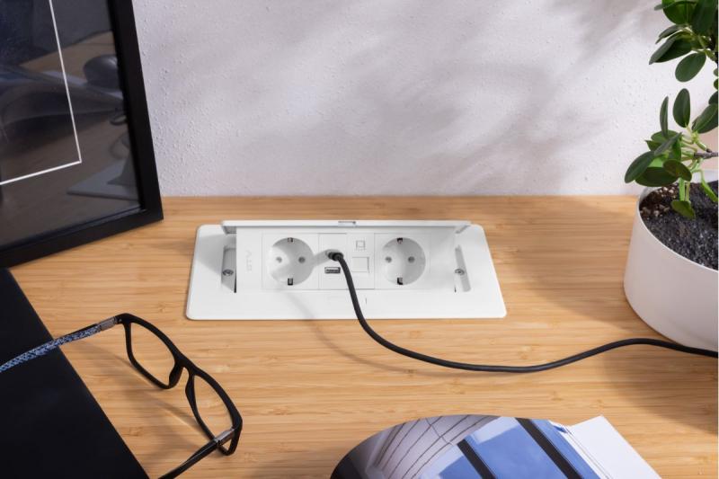 Tomada de móveis MULTISOFT, 2xSCHUKO, USB A+C, RJ45, cabo 1,5 m, branco