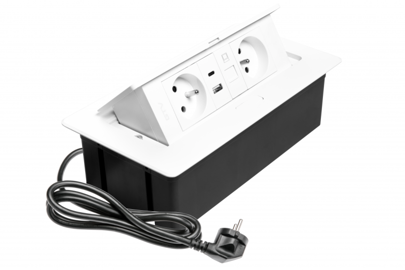 Tomada de Móveis MULTISOFT 2x Tomada com Aterramento, USB A+C, RJ45, Cabo de Alimentação com Plugue, Branco