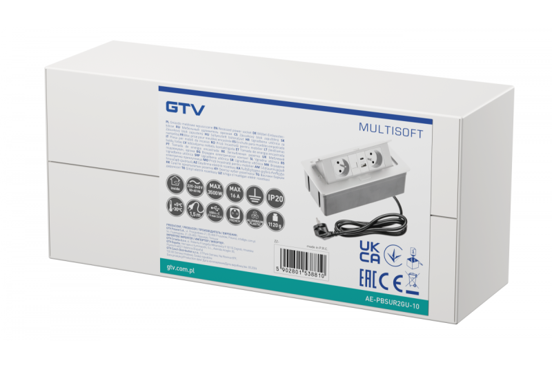 Tomada de Móveis MULTISOFT 2x Tomada com Aterramento, USB A+C, RJ45, Cabo de Alimentação com Plugue, Branco