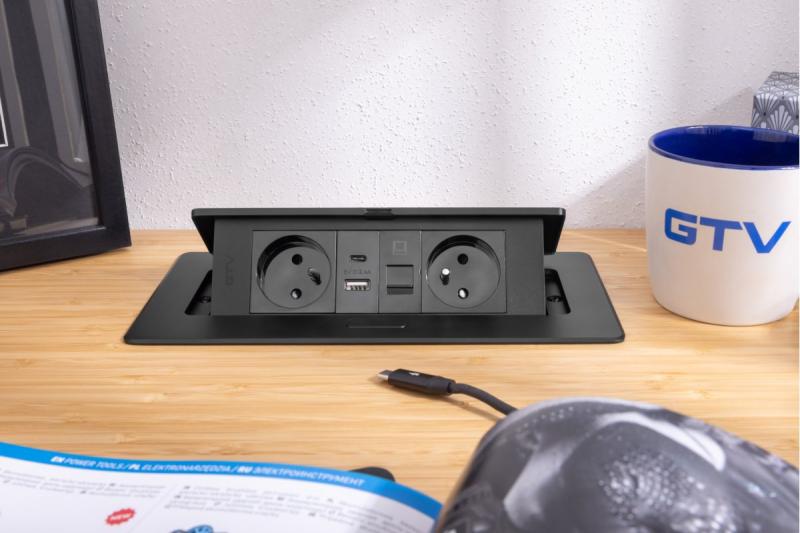 TOMADA DE MÓVEIS MULTISOFT 2x Tomada com Aterramento, USB A+C, RJ45, Cabo de Alimentação com Plugue, Preto