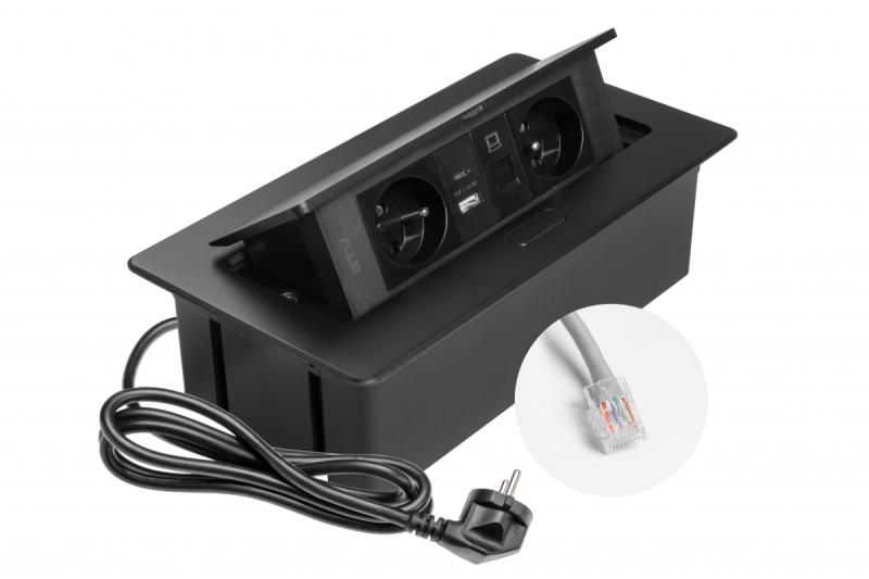 TOMADA DE MÓVEIS MULTISOFT 2x Tomada com Aterramento, USB A+C, RJ45, Cabo de Alimentação com Plugue, Preto