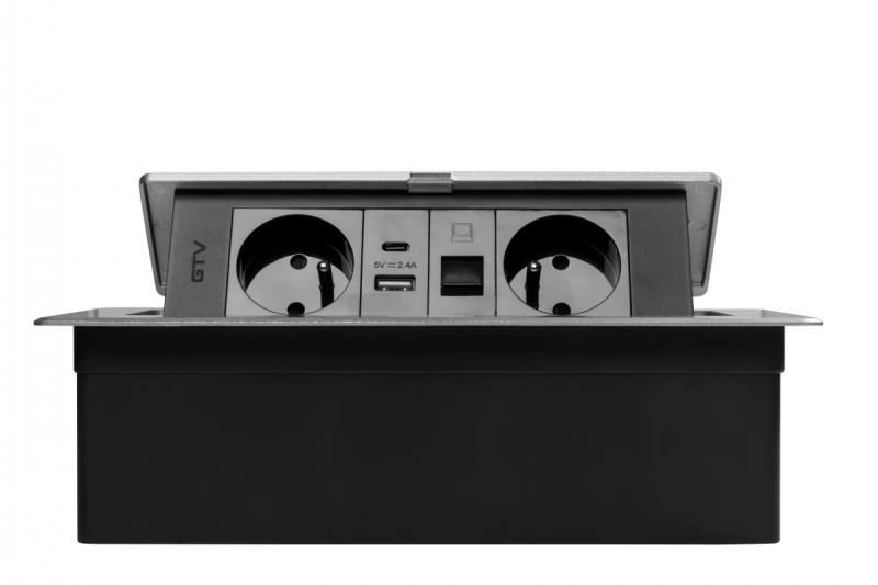 MULTISOFT Tomada de Mobiliário 2x Tomada com Aterramento, USB A+C, RJ45, Cabo de Alimentação com Plugue, Alumínio