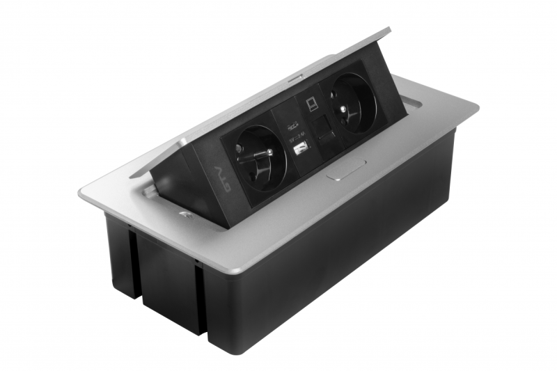 MULTISOFT Tomada de Mobiliário 2x Tomada com Aterramento, USB A+C, RJ45, Cabo de Alimentação com Plugue, Alumínio