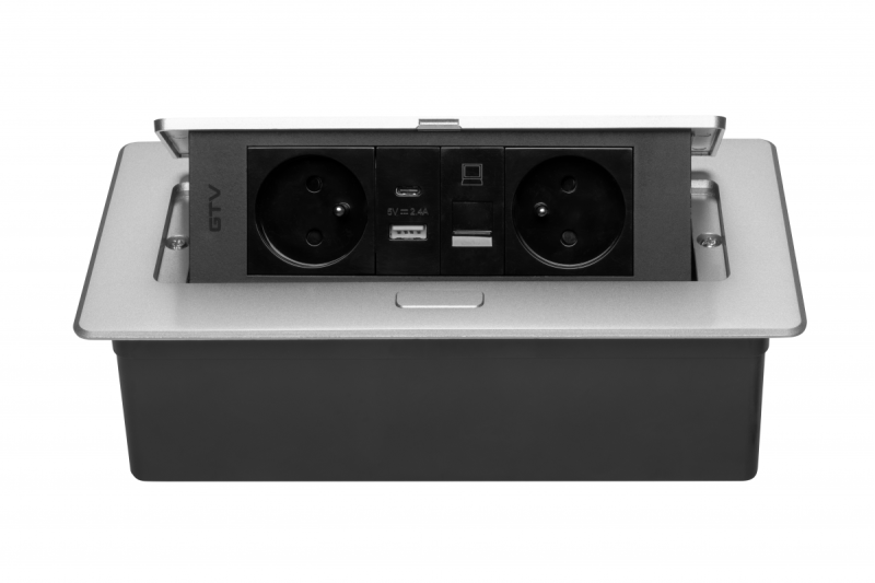 MULTISOFT Tomada de Mobiliário 2x Tomada com Aterramento, USB A+C, RJ45, Cabo de Alimentação com Plugue, Alumínio