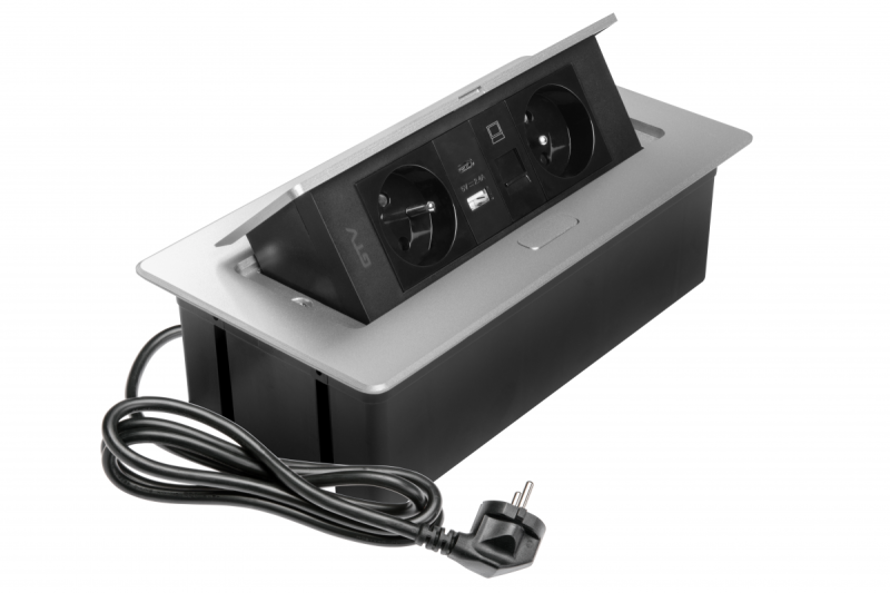 MULTISOFT Tomada de Mobiliário 2x Tomada com Aterramento, USB A+C, RJ45, Cabo de Alimentação com Plugue, Alumínio