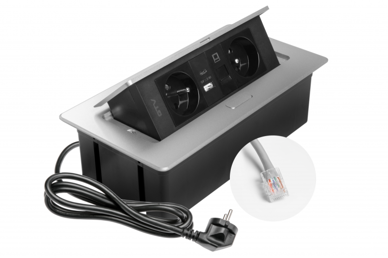 MULTISOFT Tomada de Mobiliário 2x Tomada com Aterramento, USB A+C, RJ45, Cabo de Alimentação com Plugue, Alumínio