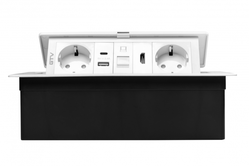 Tomada de mobiliário MULTISOFT, 2xSHUKO, USB A+C, RJ45, HDMI, cabo 1,5 m, branco