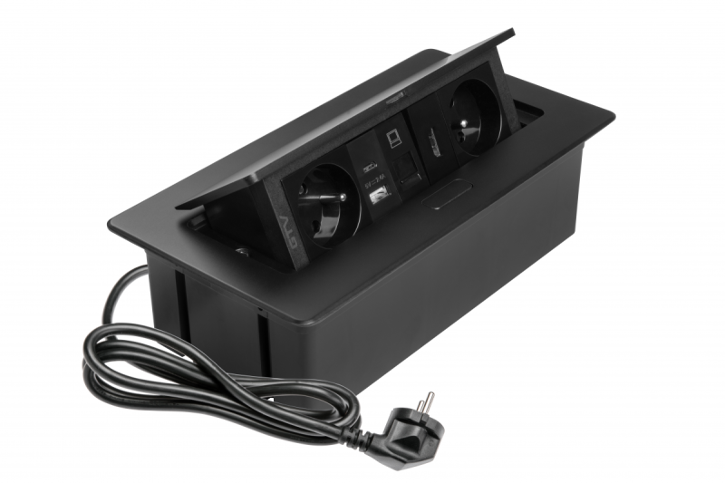 Tomada para móveis MULTISOFT, 2xSCHUKO, USB A+C, RJ45, cabo HDMI 1,5 m, preto