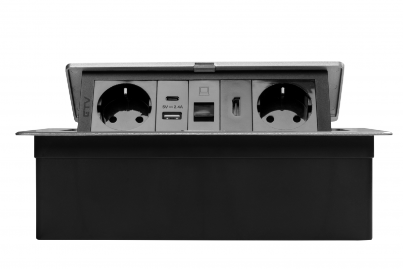 Tomada de mobiliário MULTISOFT, 2xSCHUKO, USB A+C, RJ45, cabo HDMI 1.5 m, alumínio