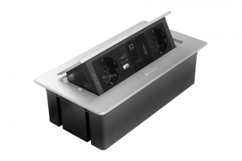 Tomada de mobiliário MULTISOFT, 2xSCHUKO, USB A+C, RJ45, cabo HDMI 1.5 m, alumínio