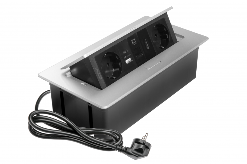 Tomada de mobiliário MULTISOFT, 2xSCHUKO, USB A+C, RJ45, cabo HDMI 1.5 m, alumínio